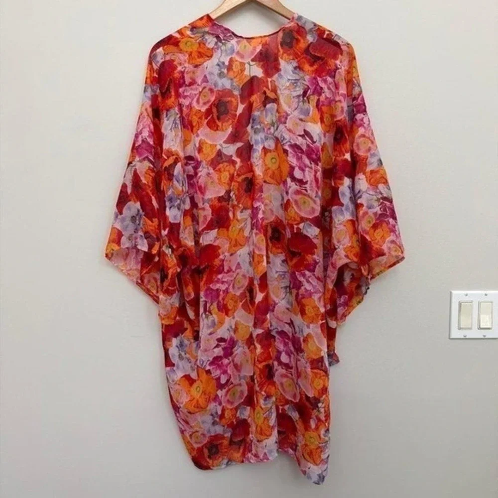 Aerie Chiffon Sheer Floral Kimono‎ Swim Cover Up Orange Pink Beach Resortwear OS